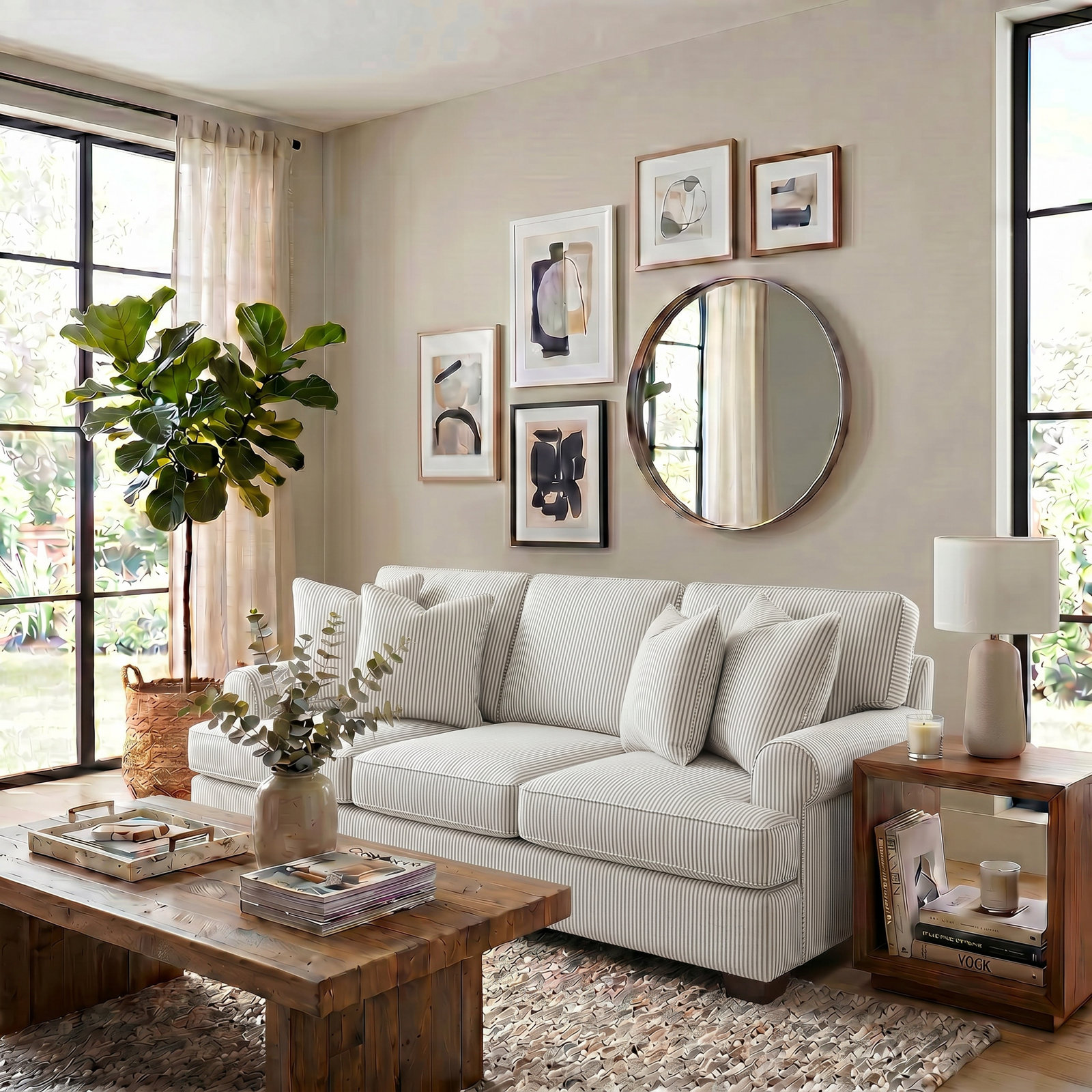 Emilio 90'' Upholstered Sofa, Cruise Adrift Striped Basketweave