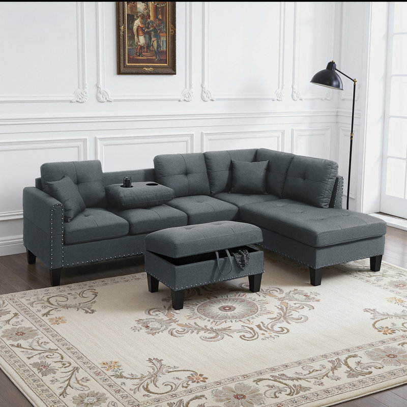 Ensemble de canapé modulaire en forme de L 3 pièces avec repose-pieds et porte-gobelets cachés, Gris anthracite