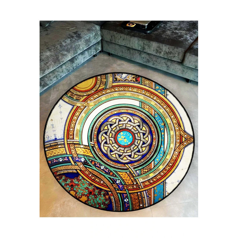 Multicolored Ethnic Motif Patterned Round Woven Base Vintage Decorative Carpet, Round 5'
