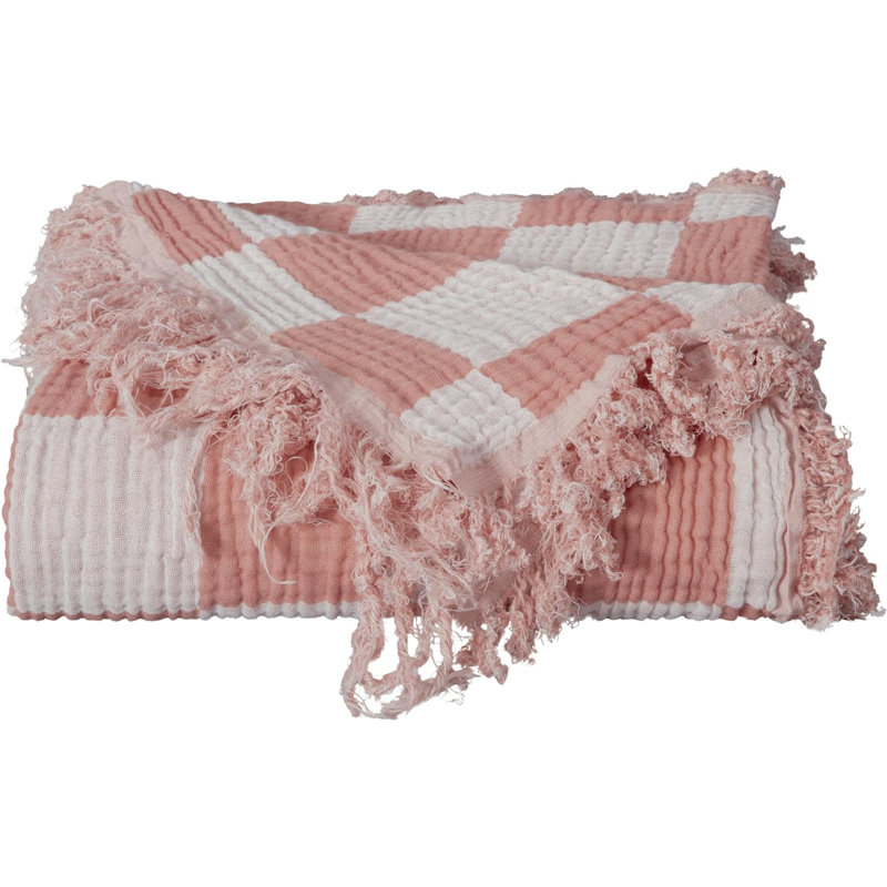 Kendall Plaid Cotton Gauze Throw Blanket, Dusty Rose/White
