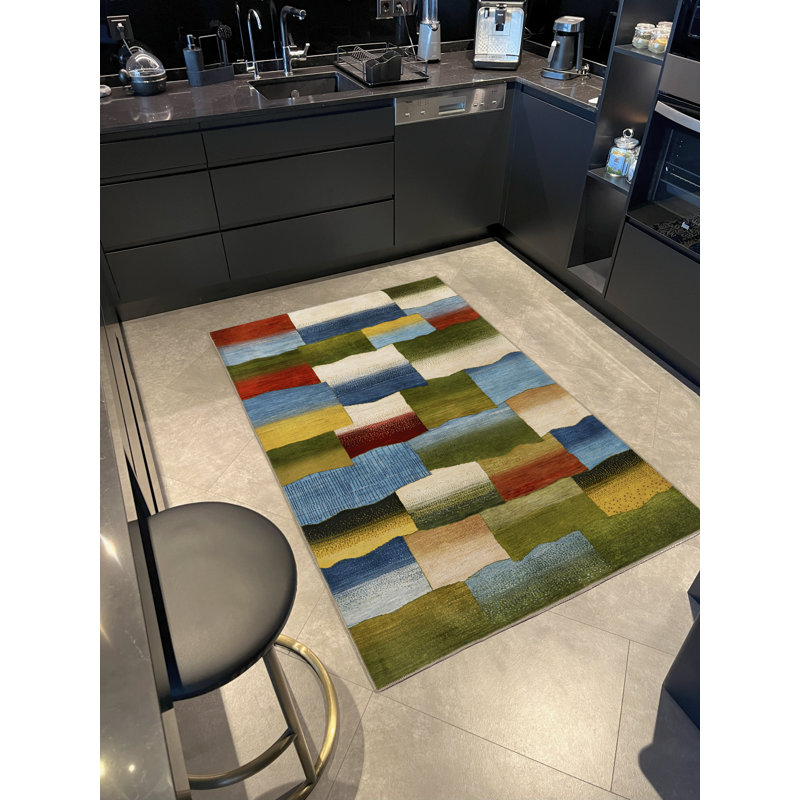 Tapis décoratif moderne multicolore à motif géométrique vert-bleu, Tapis de couloir 3 pi 3,37 po x 9 pi 10,11 po