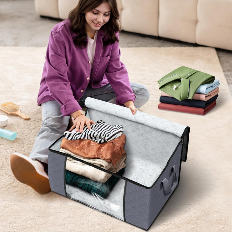 3-Pack Clothes Storage, Foldable Blanket Storage Bags, Storage Containers For Organizing Bedroom, Closet, Clothing, Comforter, Organization And Storage With Lids And Handle, Grey
