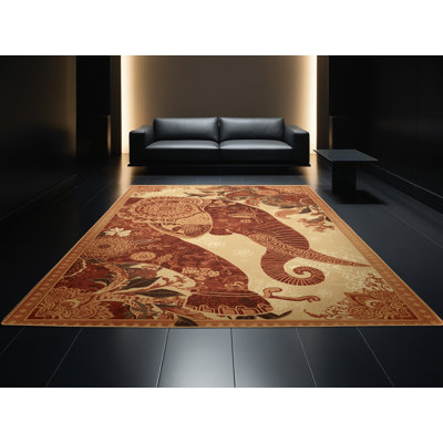 Tapis oriental classique à motif d'éléphants lavables à la machine en brun - reliure brun clair