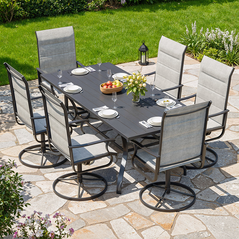 Ensemble de salle à manger 7 pièces pivotant pour l'extérieur, chaises de patio à cadre en métal rotatif à 360 ° avec tissu Teslin épaissi, chaises de salle à manger d'extérieur avec accoudoirs pour terrasse et cour arrière