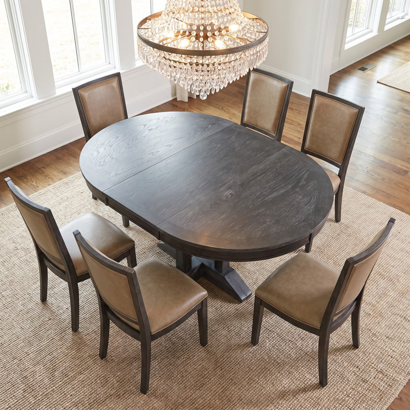 Table de salle à manger ronde extensible de style campagnard, plateau ovale convertible de 107 cm à 142 cm, en placage de chêne et piètement en X – Table ronde idéale pour la cuisine et la salle à manger