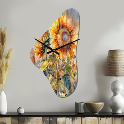 Nock Yellow Sunflower Symphony III - Asymmetrical Sunflower Metal Wall Clock, Unique shape Metal Wall Clock Print