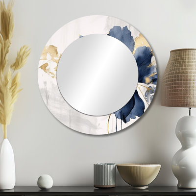 Savy bleu blanc hibiscus tropical Harmony Flowers I - miroir floral, miroir mural rond bleu unique, impression sur métal