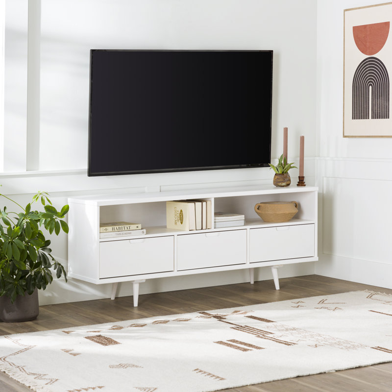 Meuble télé en bois massif 58 po à 3 tiroirs pour téléviseur de 60 po ou moins Sadie, Blanc