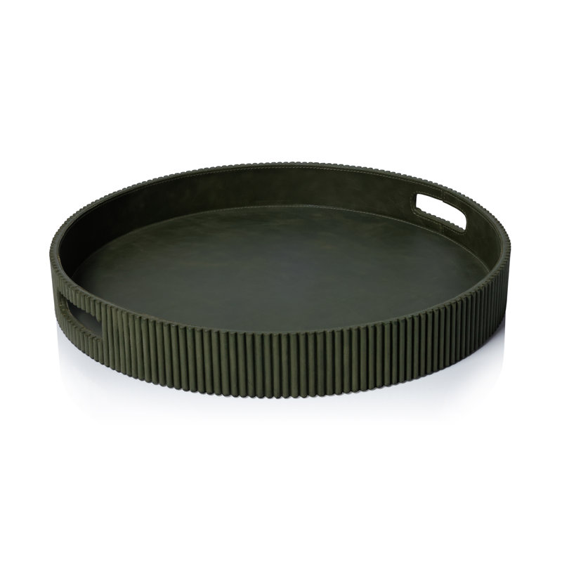 Plateau rond en cuir vert cannelé, L 20 po x P 20 po x H 2,5 po