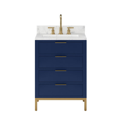 Bristol 24 In. Single Sink Carrara White Marble Countertop Bath Vanity In Monarch Blue With Satin Gold Gooseneck Faucet