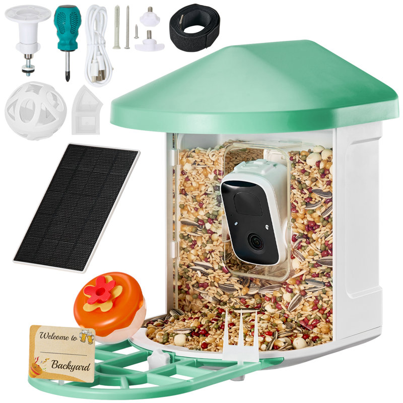 Smart Bird Feeder with Camera 2K HD AI Identify Bird Species Solar-Powered, Green