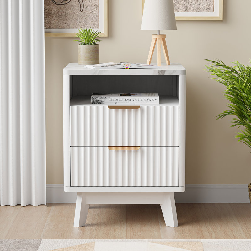 18" W Fluted Nightstand with 2 Drawers, Faux Marble Top, White, Individual