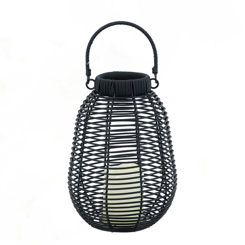 7.9X7.9X10.6" Black Poly Rattan Lantern With White LED Candle, Black