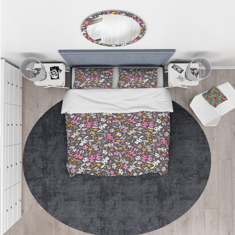 Ensemble de housse de couette designart little lapin kawaii avec fleurs, Housse de couette très grand + 2 taies décoratives