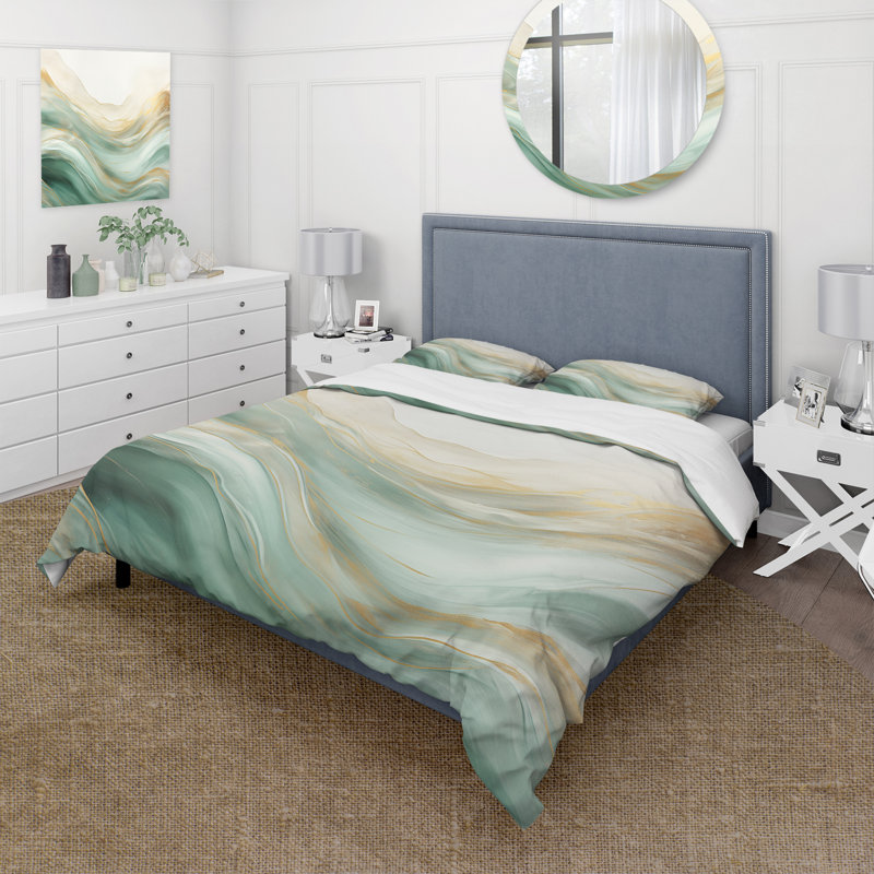 Ensemble de housse de couette or et vert Soft Wave Fusion I - Abstract Shapes