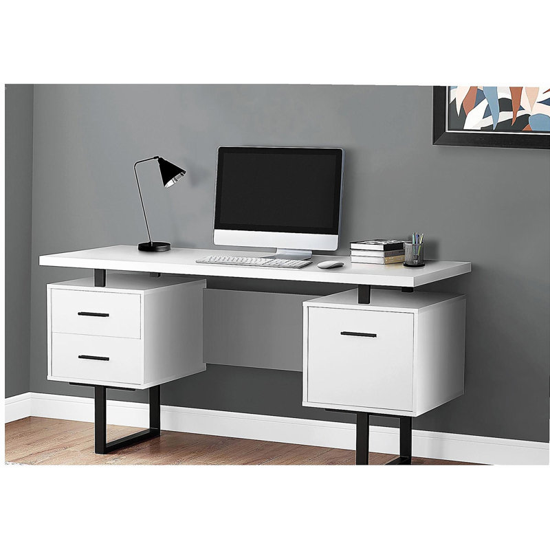 Bureau d'ordinateur, bureau personnel, ordinateur portable, installation à gauche, à droite, tiroirs de rangement, l 60 po, bureau, stratifié blanc, métal noir, contemporain, moderne