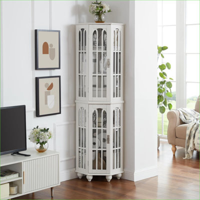 Cabinets | Corner Curio Display Cabinet, Adjustable Tempered Glass Shelves, Lighting System, Solid Wood Legs | Shabby Chic | Corner of Room