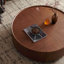 Table basse circulaire fabriquée à la main avec base en bois de noyer et en fer