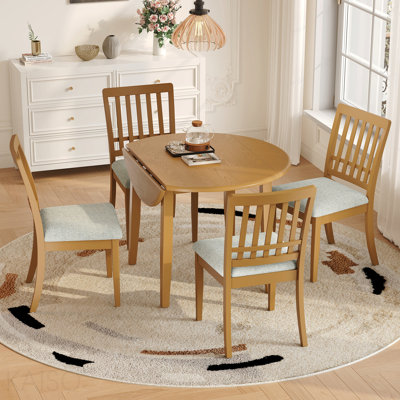 5-Piece Round Dining Table Set For 4 People, 1 Folding Wood Dining Table + 4 Upholstered Chairs, Space-Saving Design For Small Apartments And Dining A