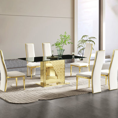 71.59 Inch Dining Table With Black Tempered Glass Top And Gold Stainless Steel Legs - Lightweight, Corrosion , Functional Scratch