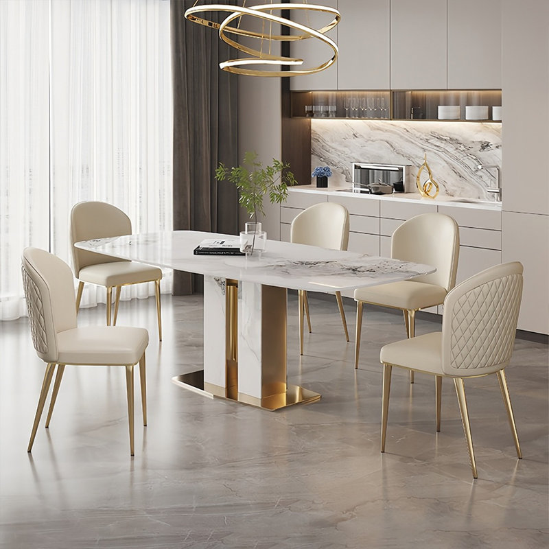 Modern Rectangular Rock Slab Dining Table Sets, 29.5"H x 70.8"L x 35.4"W