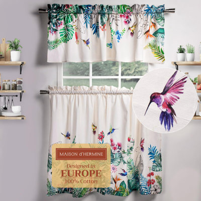Maison d' Hermine Kitchen Curtains Sets for Windows 100% Cotton Set of Kitchen Curtains Valances for Home [2 Tiers (28"X36") and 1 Valance (56"X18")] Cafe Valentines Day Gifts (Tropiques)