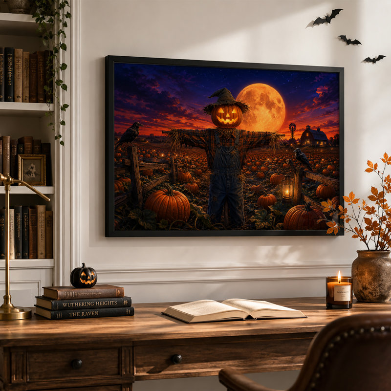 Épouvantail à tête de citrouille dans un champ de citrouilles - Toile murale d'Halloween, H 20 po x l 30 po