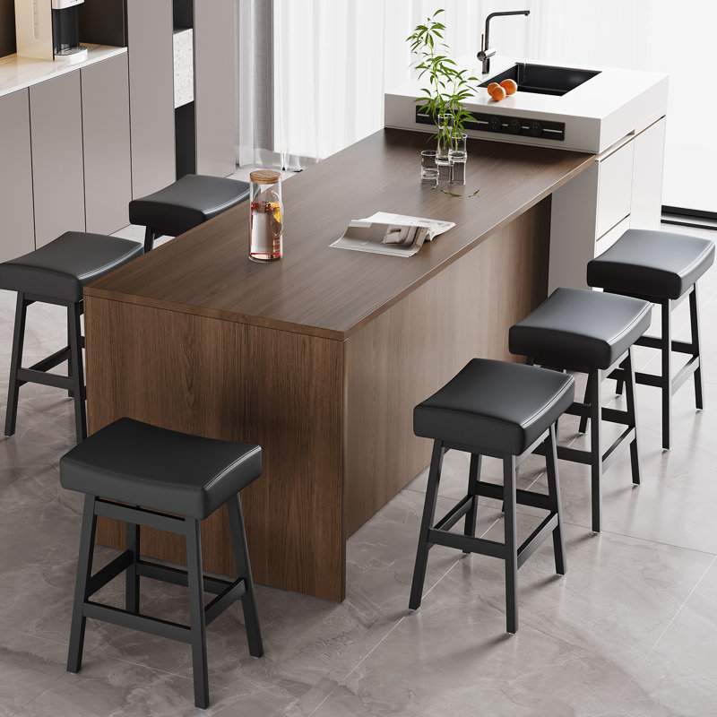 Counter Height Stools Set of 6,Solid Wood Barstools with Faux Leather Upholstered Saddle Seat,Backless Kitchen Bar Stools, 6