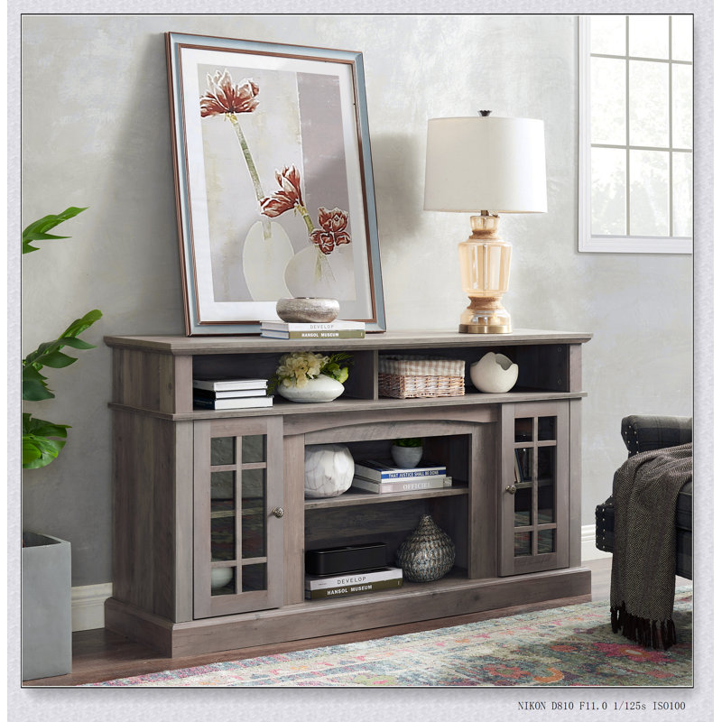 Meuble télé pour téléviseur de 60 po ou moins, console multimédia avec espace de rangement ouvert et fermé, Gris délavé