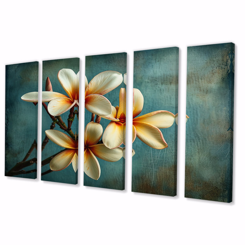 Ensemble de 5 pièces de fleurs blanches plumeria rétro bleu sarcelle I - Plumeria, H 28 po x l 60 po