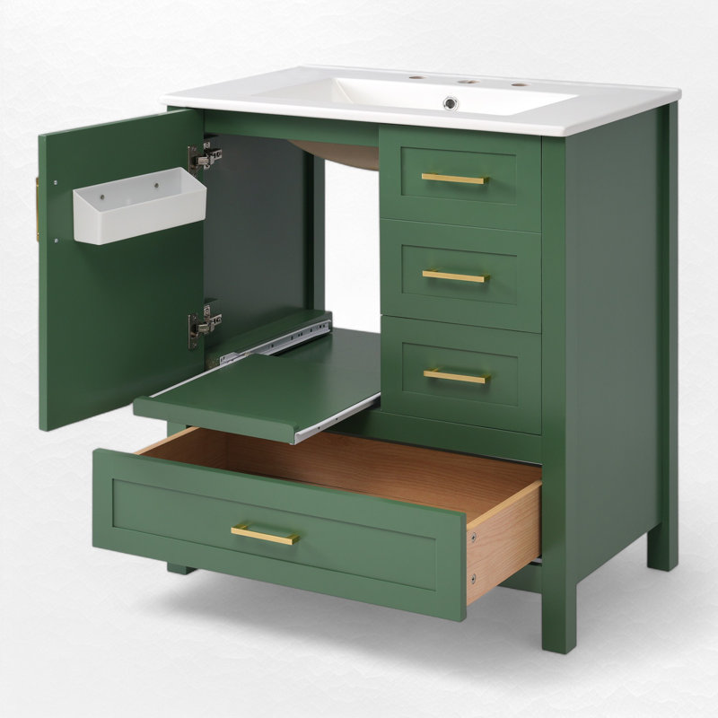 30" Single Bathroom Vanity With Ceramic Top, Green / Gold