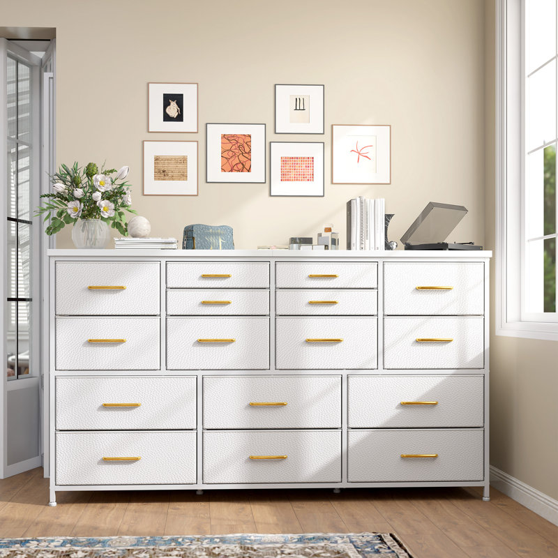Commode de 130 cm de large à 16 tiroirs avec station de recharge pour chambre et meuble télé de 152 cm, blanc, Blanc