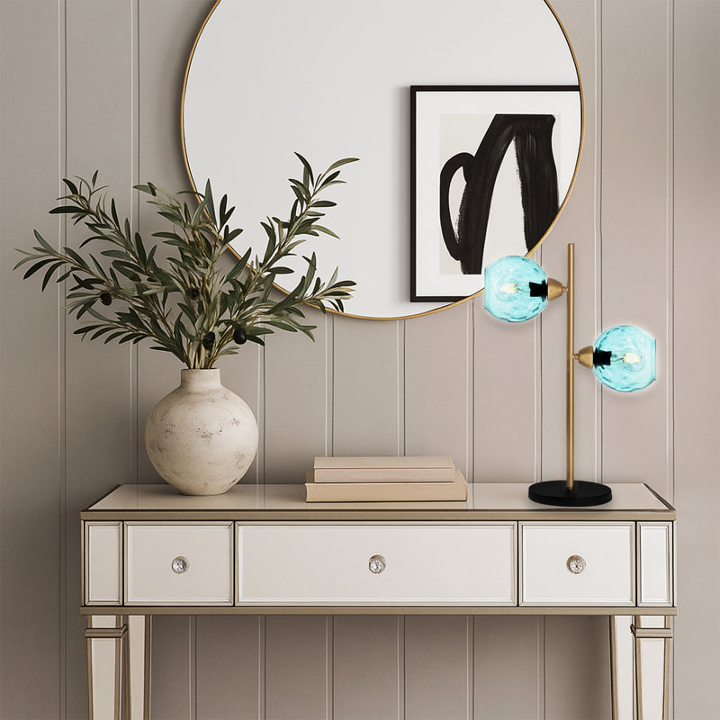 Lampe de table à culot en verre 2 lumières avec base en métal noir - Double lumière moderne, Bleu, Noir et or