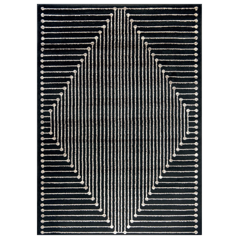 Tapis moderne noir et crème à motif géométrique, Rectangle 5 pi x 7 pi