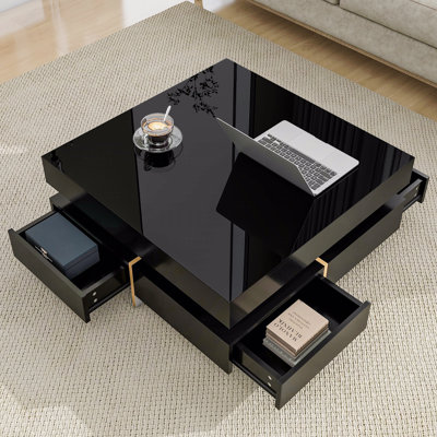Table basse moderne carrée ultrabrillante avec tiroirs de rangement