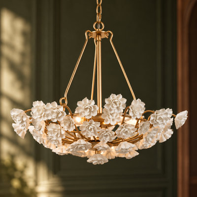 3-Light  Dimmable Romantic French Country Bowl Chandelier with Ceramic Flower Shade