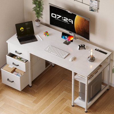 Bureau d'ordinateur l 51 po réversible avec prises encastrées, bureau à domicile avec 3 tiroirs en tissu, bureau d'écriture avec tablettes de rangement