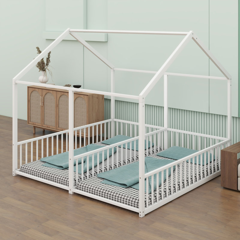Metal House Platform Bed with Open Concept Design, White