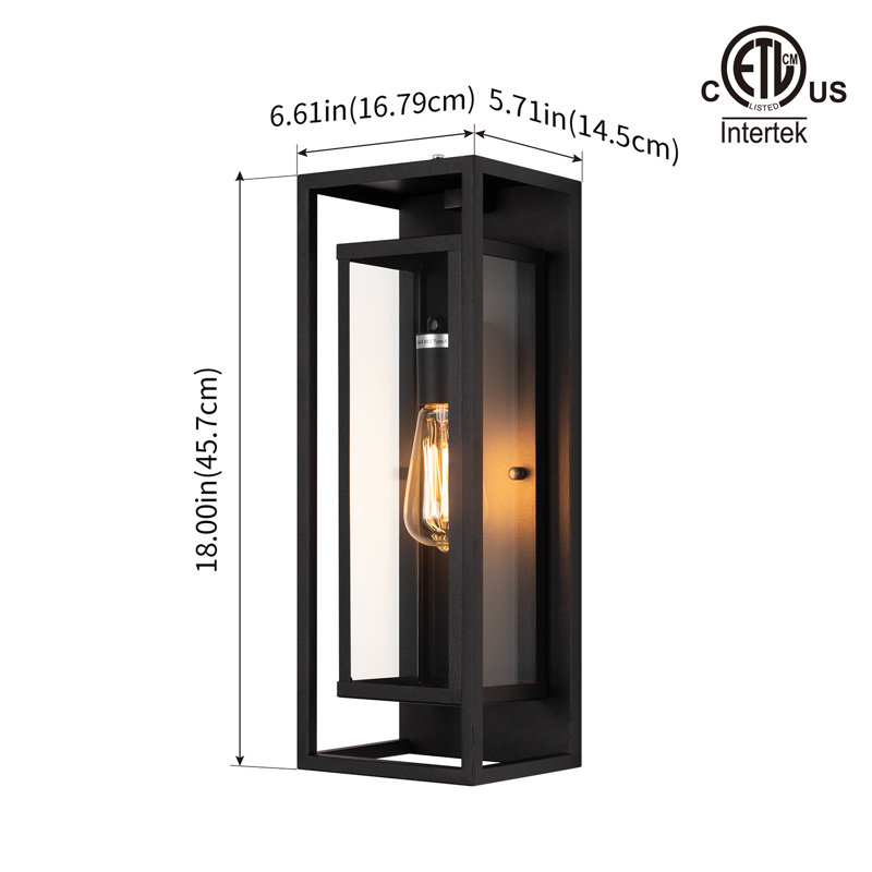 Classic Outdoor Wall Sconce 1 Light with Dusk to Dawn in Matte Black Rectangular, 18" H x 6.61" W x 5.71" D
