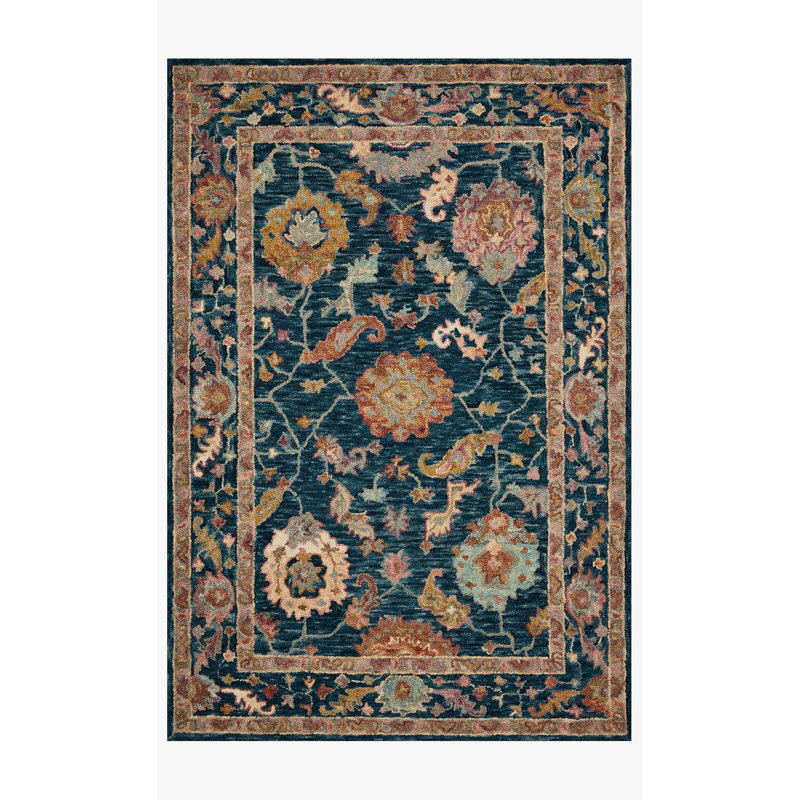 Tapis bleu / brun en laine crocheté à la main Elmsford, Rectangle 2 pi 3 po x 3 pi 9 po