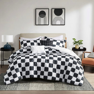 Édredon simple / simple en microfibre TG, rembourrage, motif à carreaux noir et blanc, lavable en machine, 1 édredon, taie décorative, 2 coussins décoratifs fabriqués avec un coffre-fort pour la peau, conception moderne,