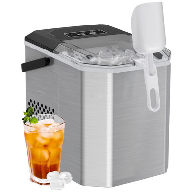 Portable Ice Maker Features A Handle-Style Countertop, A Self-Cleaning Function, And Comes With An Ice Basket And Ice Scoop. It Makes 9 Ice Cubes Every 6 Minutes, Yielding 26 Pounds Of Ice Per Day, Making It Ideal For Home Use.（Silvery）