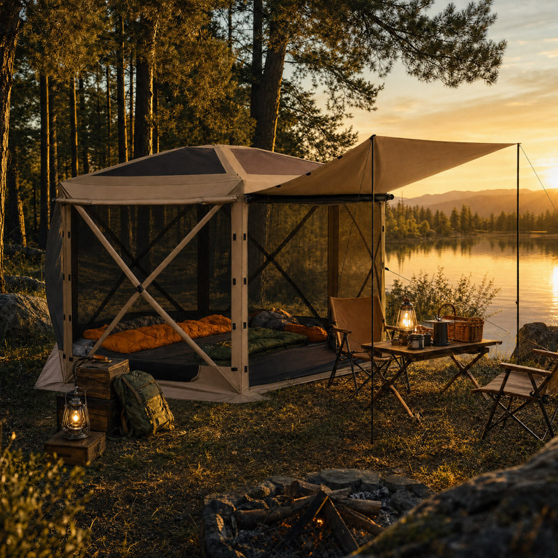 Tente de pop-up pour 8 à 10 personnes, abri de camping à 6 côtés, abri de jardin avec sac de transport portable, Brown