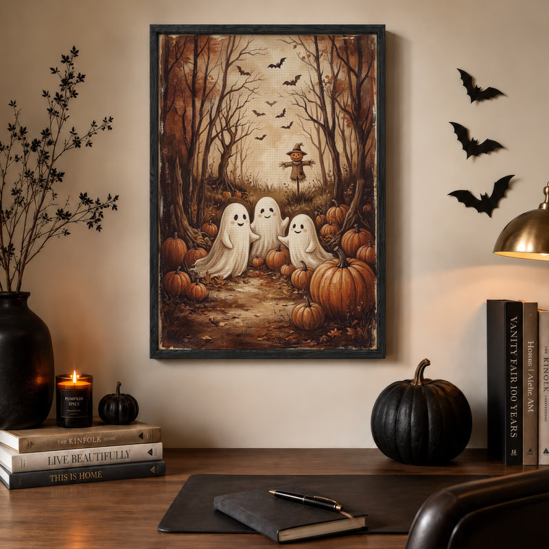 «Sourire, fantômes et citrouilles dans un chemin forestier sépia», art mural sur toile, 36"H x 24"W
