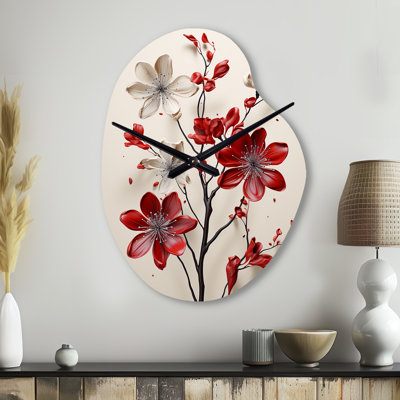 Red Beige Minimalism Essence Of Red Flower - Minimalism Unique Shape Metal Wall Clock, Modern Asymmetrical Wall Clock Print