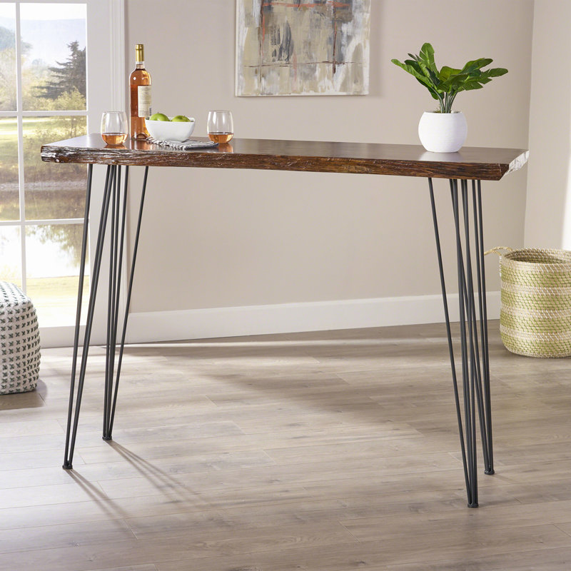 Table de bar moderne à rebord industriel avec pieds en épingle et finition rustique pour espaces compacts