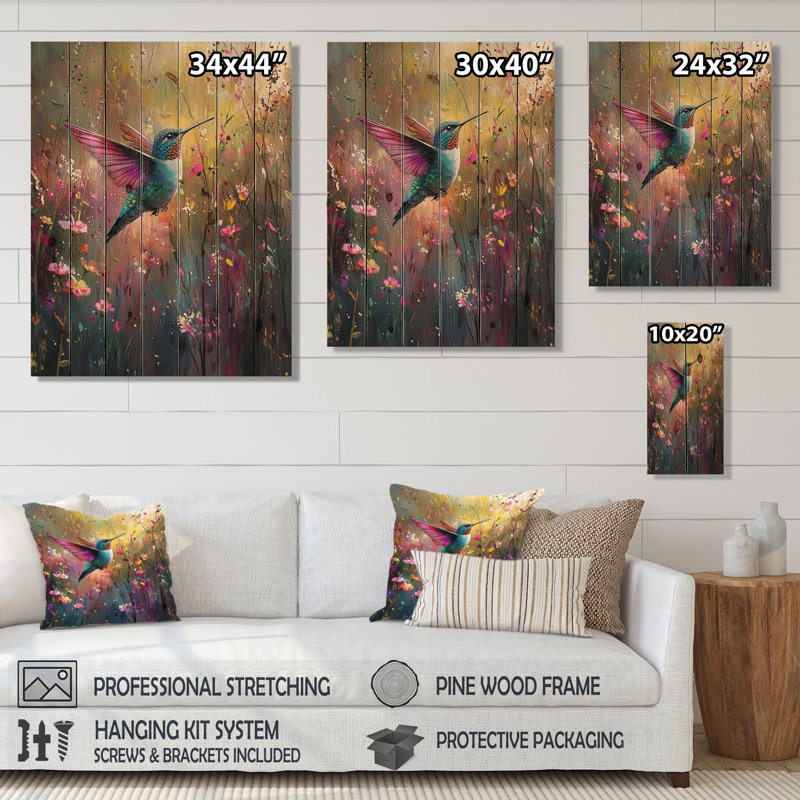 Hummingbird In The Spring Forest - Bird Wood Wall Art - On Natural Pine Wood, 44" H x 34" W x 0.78" D