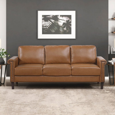 Classic Brown Faux Leather Sofa Upholstered Nailhead Trim Living Room Furniture 1Pc 3-Seater Couch