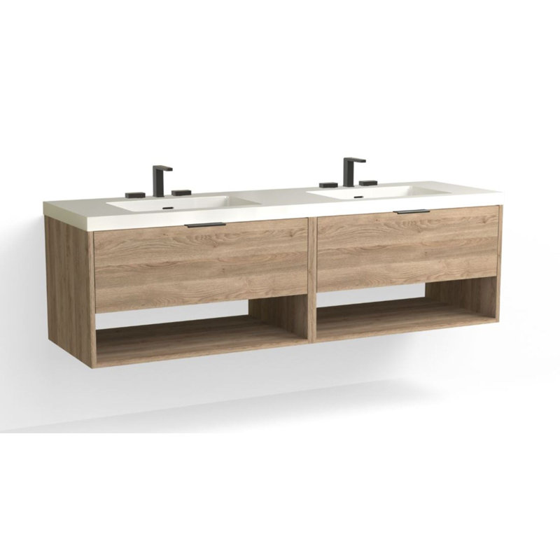 Modo 72" W Wall Mounted Double Bathroom Vanity, White Acrylic, Matte Black, Glossy White/8" Widespread