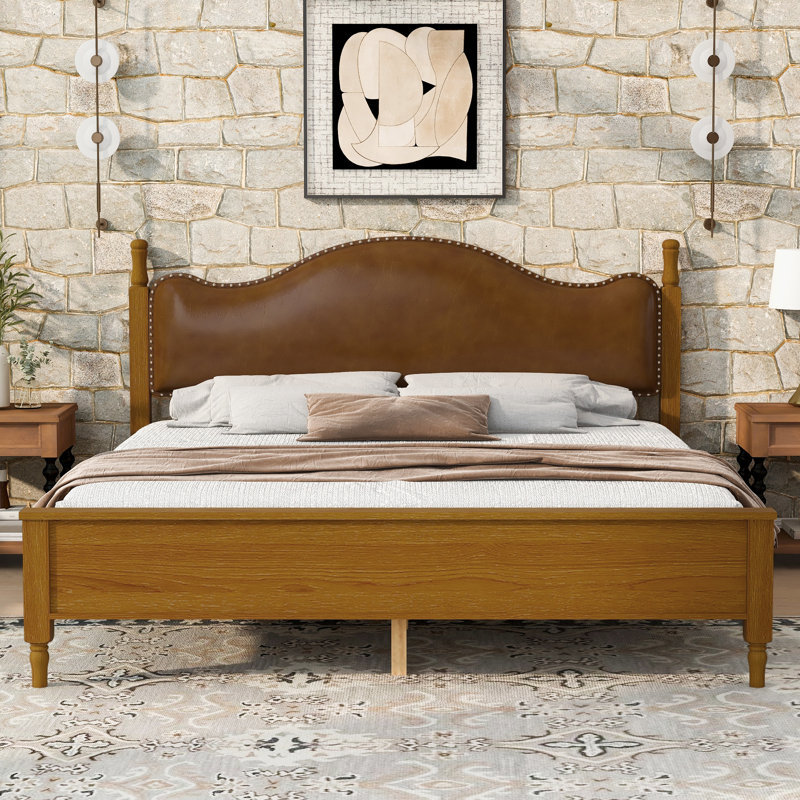 Lit plateforme en bois avec tête de lit tapissier et lattes, Brown, King